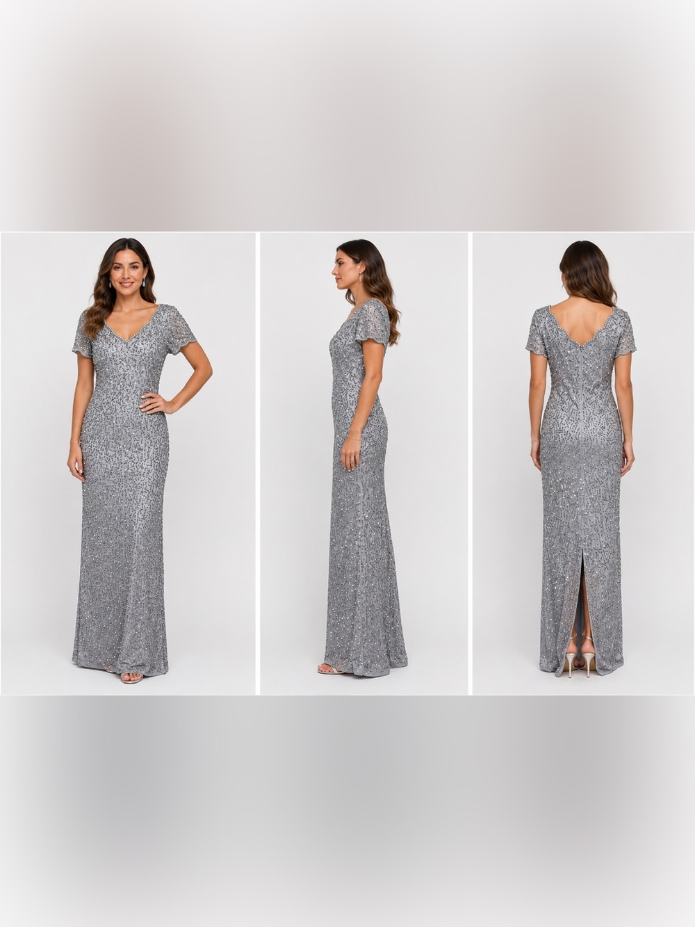 NWT Adrianna Papell Silver Beaded Sequin Gown Size 4